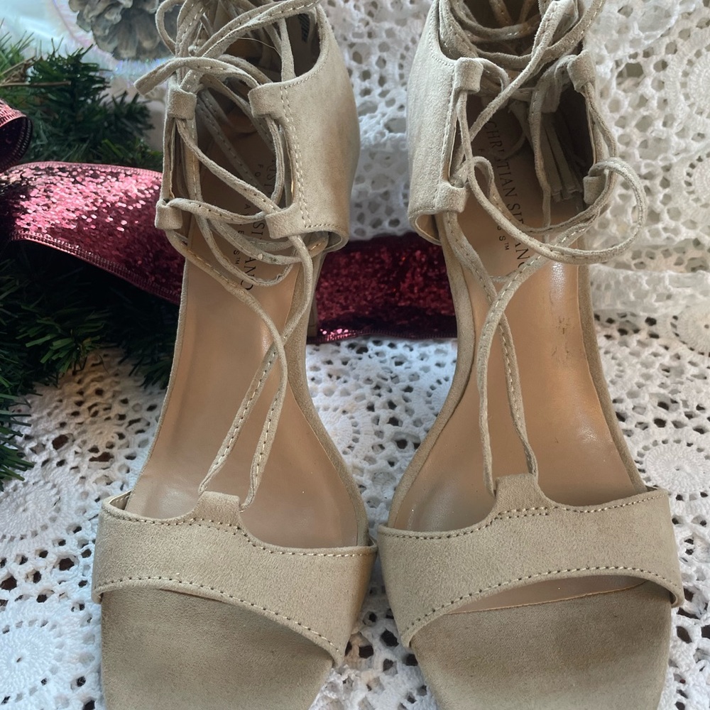 Christian Siriano strappy tan suede heel. Tie straps up calf. Size 9